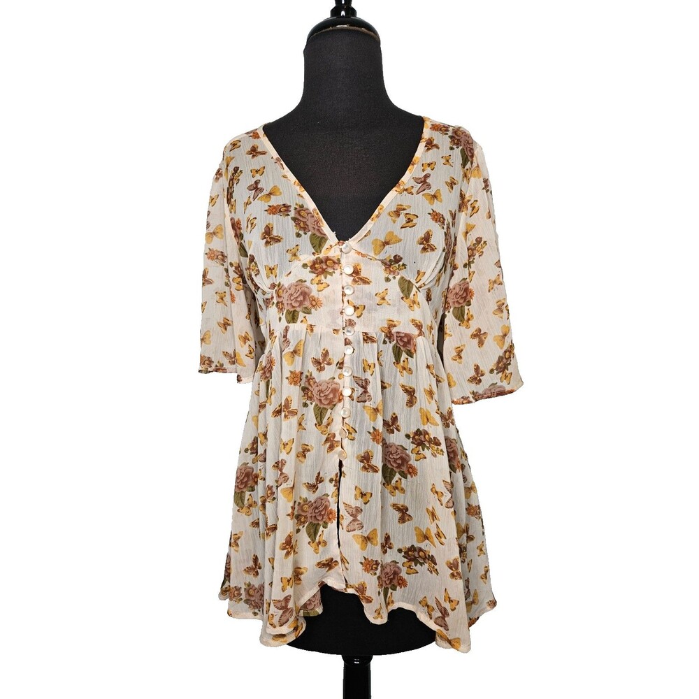 Y2K Sheer Fairy Top Medium Babydoll Butterflies Flutter Sleeves V-Neck Button Up